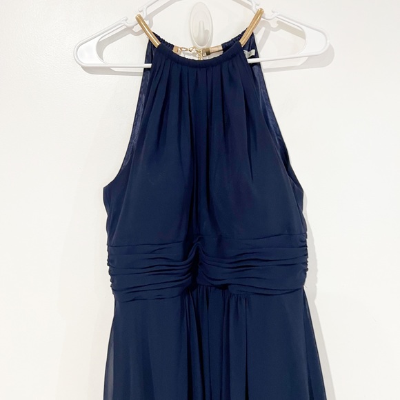 Eliza J Chiffon Layered Gold Chain High Neck Navy Maxi Gown Size 10 - Picture 5 of 9